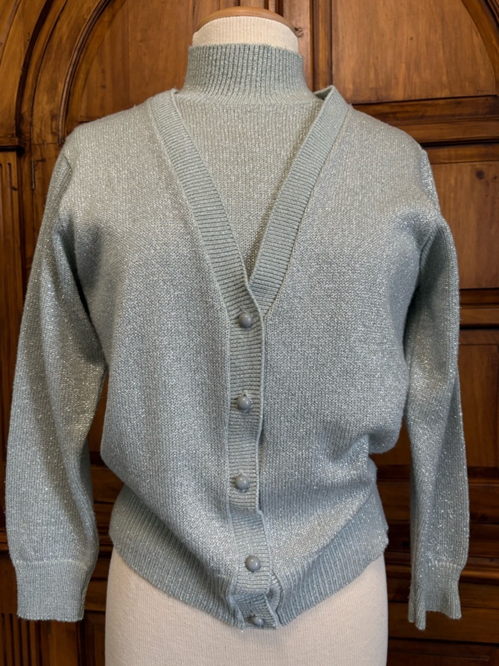 1980’s Cute BFA Classics Silver Metallic Knit Cardigan Twin Sweater Set